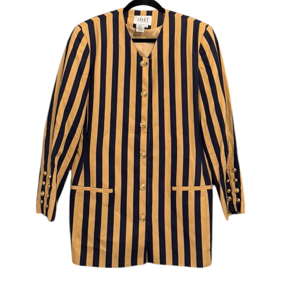 VTG Apart Impressions Striped Blazer Gold Button Longline Navy Yellow Sz 12
